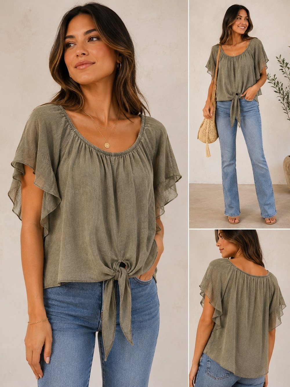 Women’s Olive Tie-Front Ruffle Sleeve Top